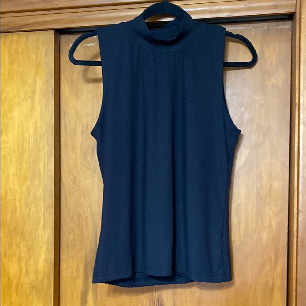 Tahari Black Ribbed Top Mock Turtleneck Sleeveless Neutral Closet Staple Capsule